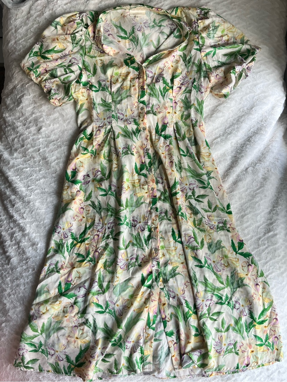 MELLODAY Cream Floral Midi Dress with Green Leaf Print